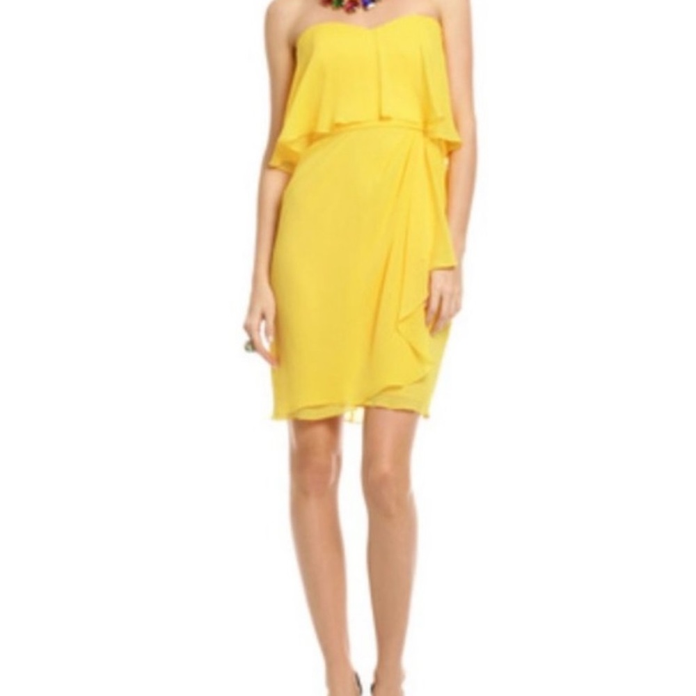 Badgley Mischka yellow peacock chiffon dress strapless cocktail flounce top 0